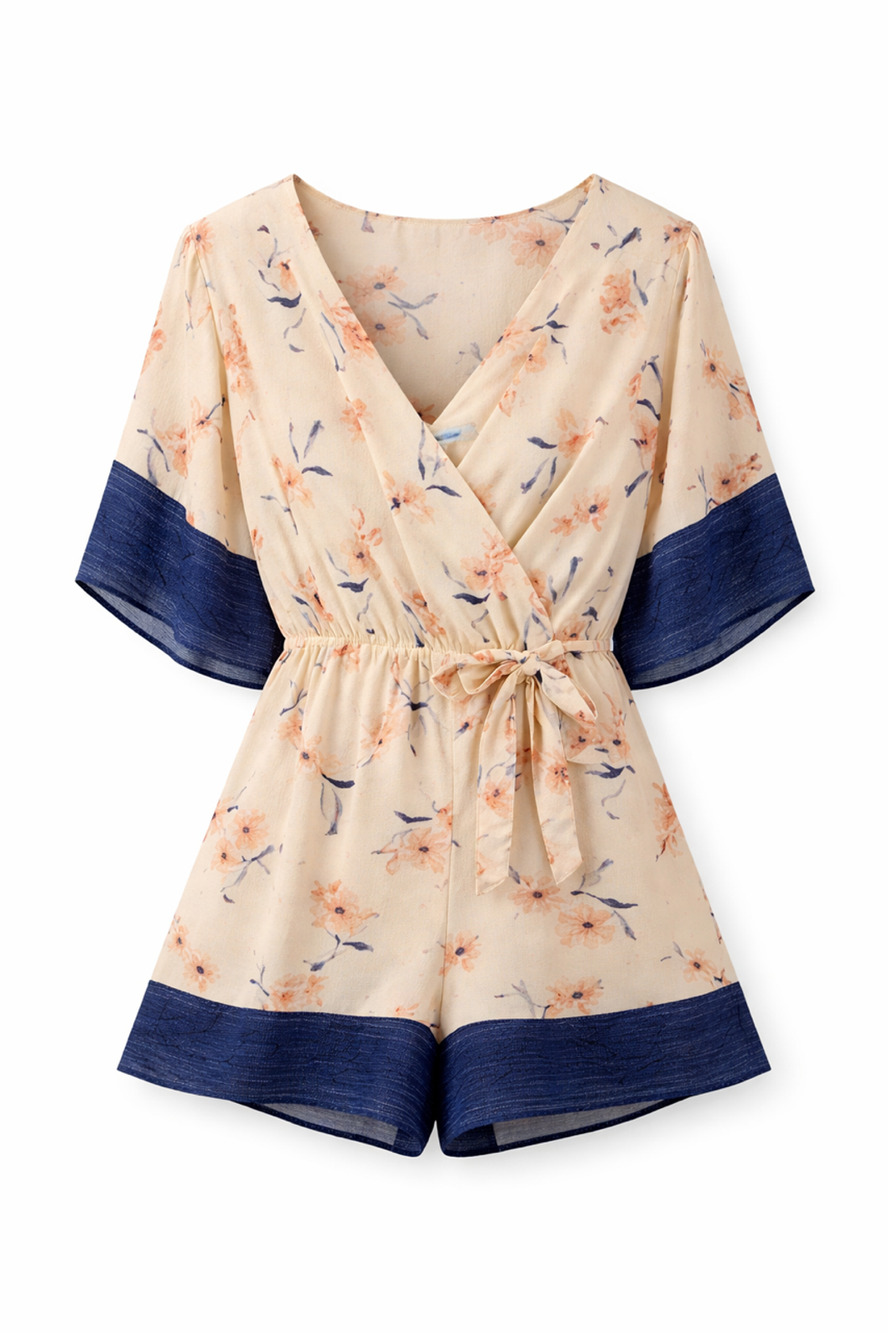 Bailey Blue Floral Boho Romper Shorts Tie Waist Kimono Sleeve Cream Blue Small